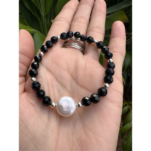 B5 Faceted Black Tourmaline Freshwater Pearl .925 Sterling Silver Bracelet - Picture 1 of 8